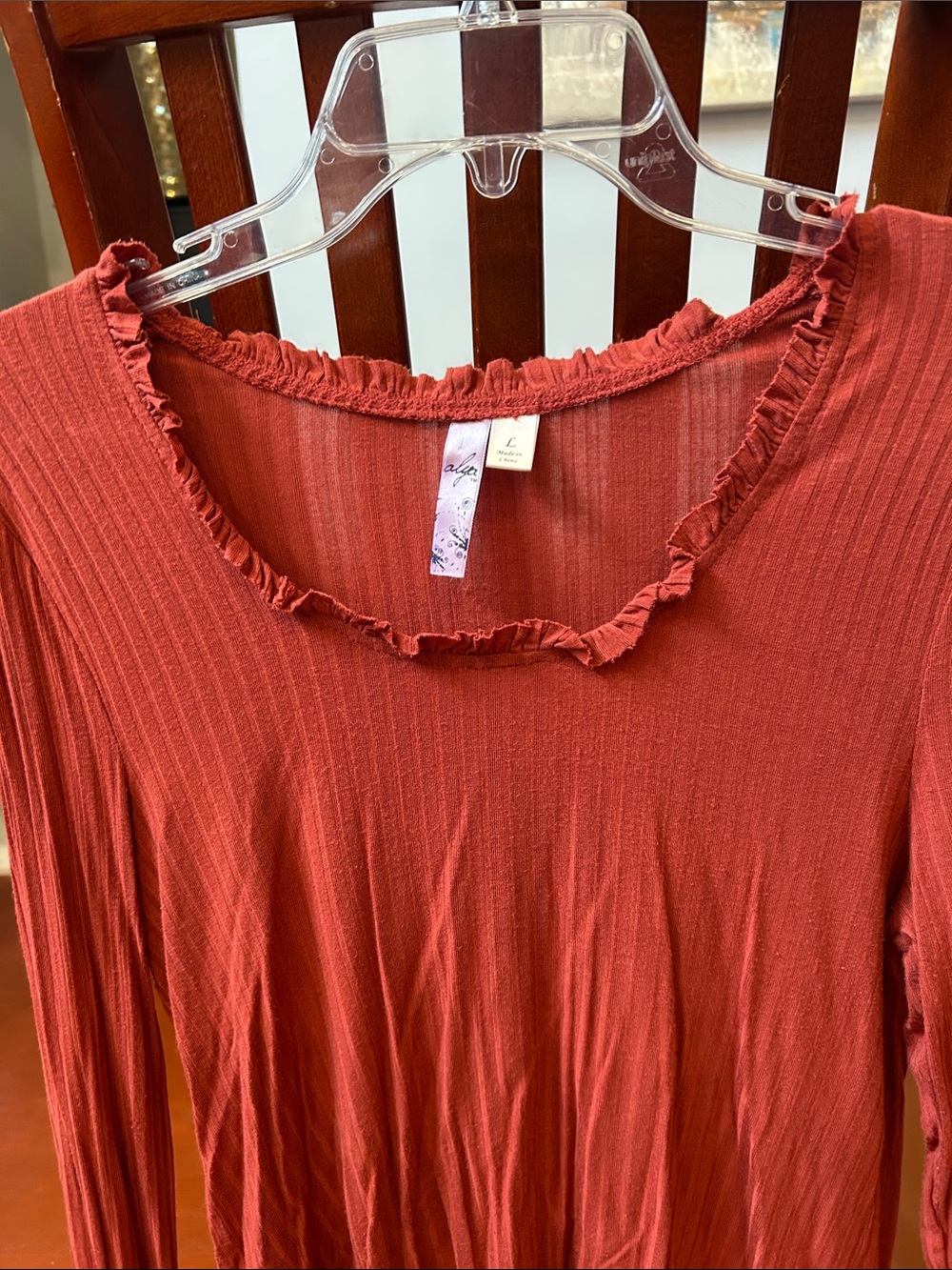 Alya Rust Red Ribbed Long-Sleeve Top with Ruffle Neck - Picture 2 of 10